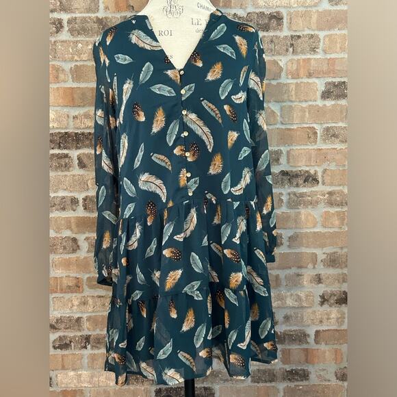 Loft green teal feather print button up dress long sleeve v neck size XS - Picture 2 of 10